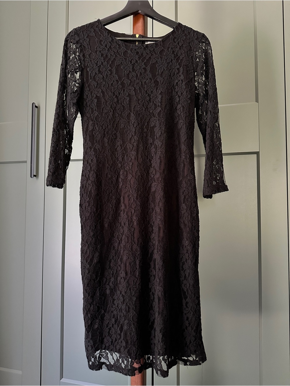 Neiman Marcus Black Lace Midi Dress with Three-Quarter Sleeves